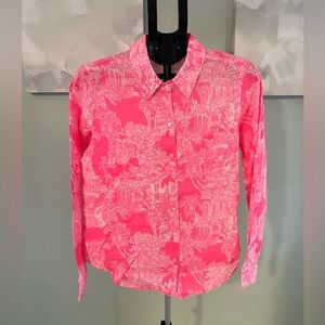 NEW LILLY PULITZER PINK AND WHITE LONG SLEEVE BUTTON DOWN 100% LINEN TOP
